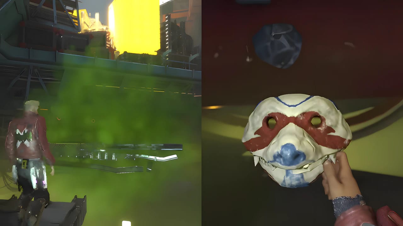 Glanort Mask collectible in Marvel's Guardians of the Galaxy game, featuring metallic textures and red glowing eye lenses.