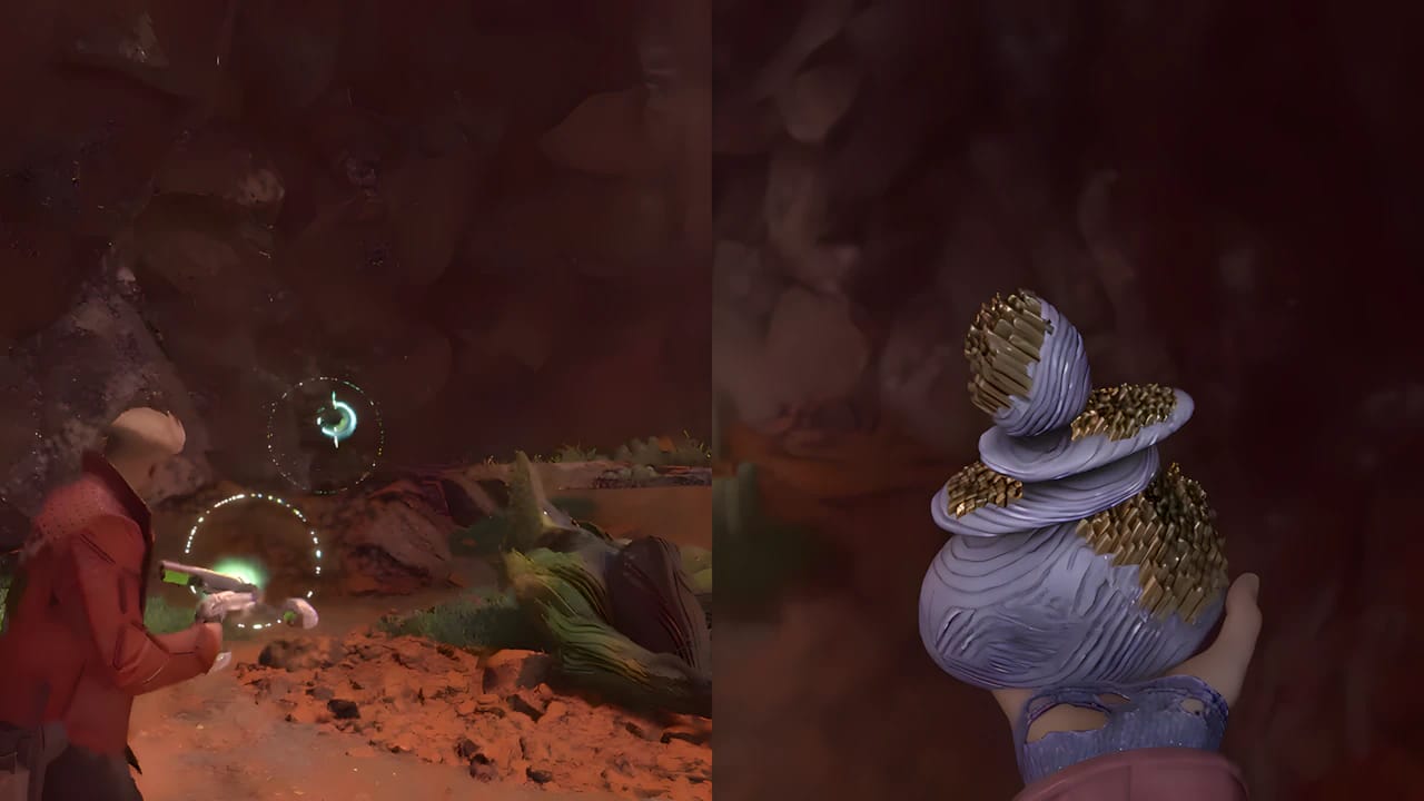 Star-Lord finding a Meditation Stone collectible in Marvel's Guardians of the Galaxy featuring high-end volumetric lighting.