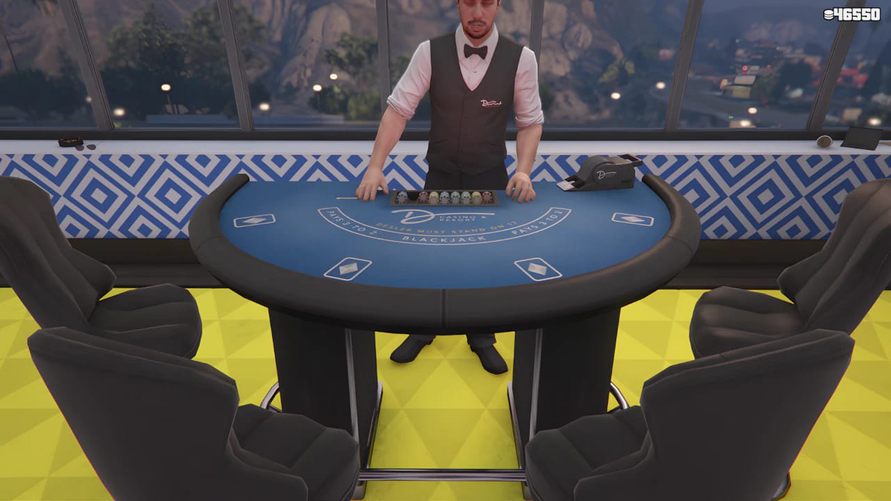 GTA Online blackjack dealer at The Diamond Casino resort table with betting chips and high-res textures.