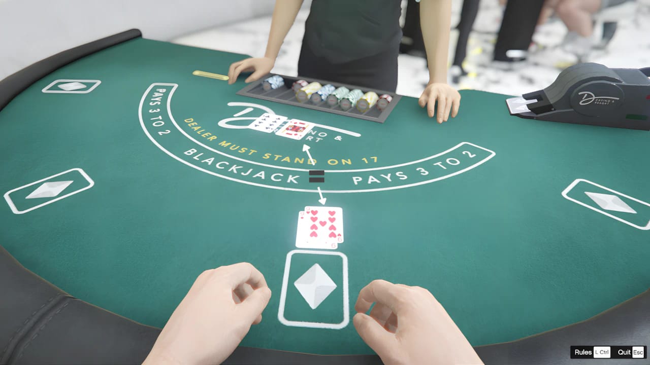 First-person GTA Online blackjack gameplay at Diamond Casino with high-resolution textures and betting UI.
