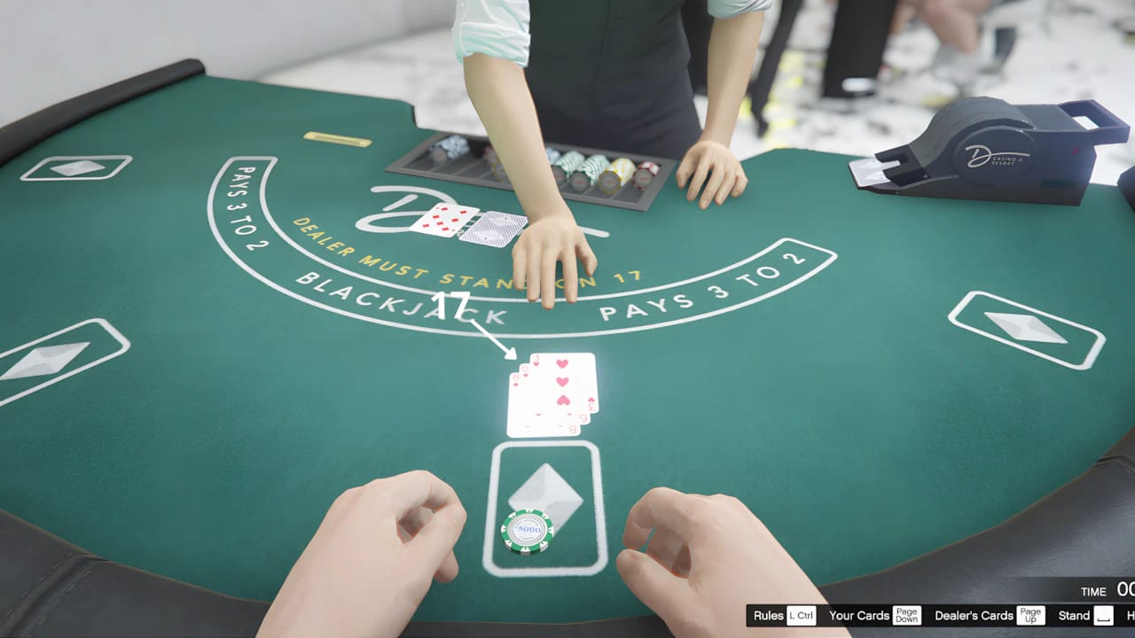 GTA Online Blackjack gameplay showing player standing on 17 at Diamond Casino with high-fidelity graphics.