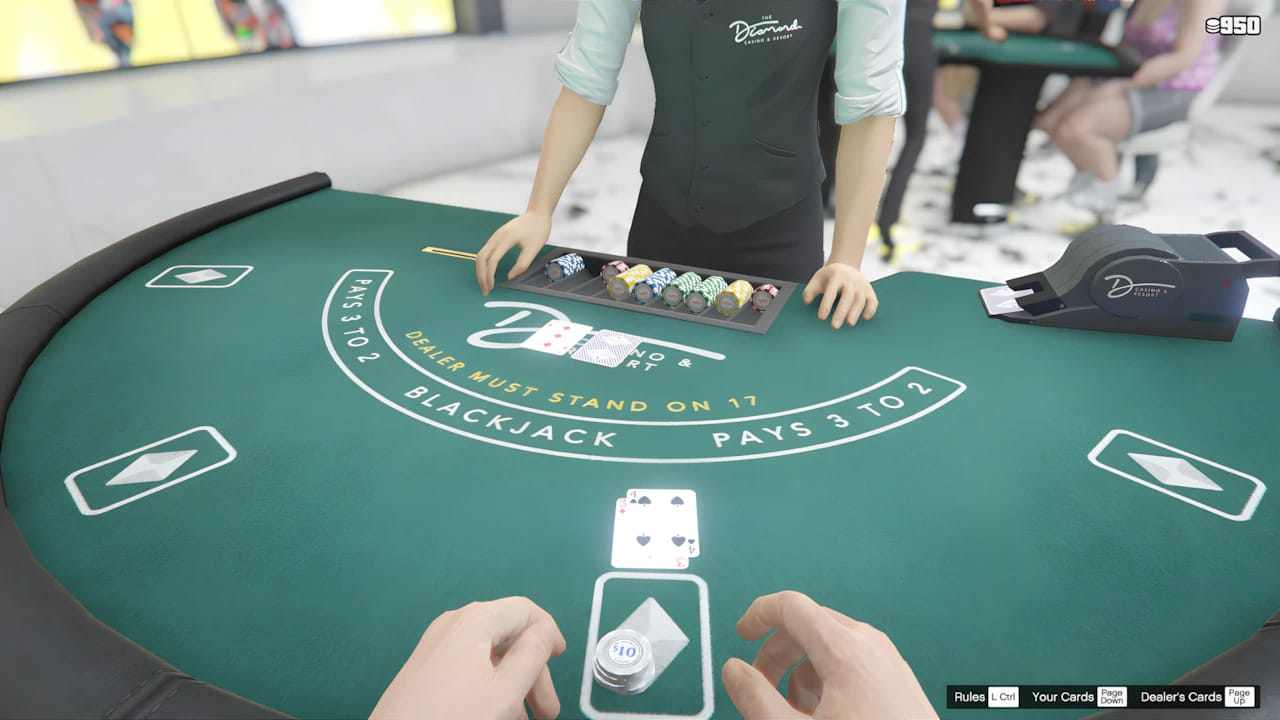 GTA Online blackjack table featuring high-resolution chip textures and layout in the Diamond Casino and Resort.