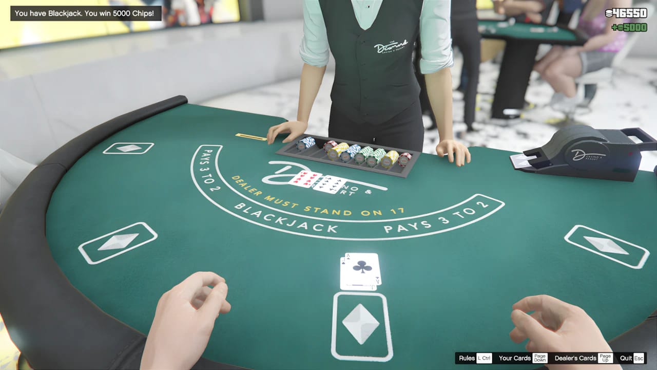 GTA Online blackjack gameplay showing a 100,000 chip win notification in high-definition Diamond Casino update.