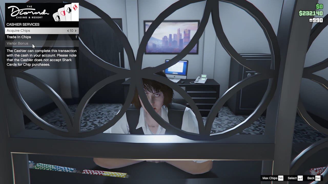 GTA Online Casino cashier menu showing trade in chips interface and in-game currency conversion UI.