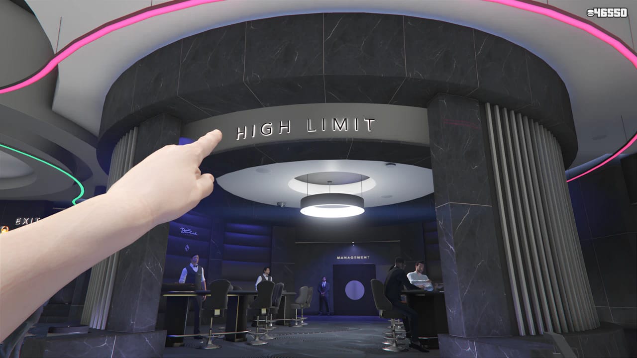 GTA Online Diamond Casino high-limit lounge with luxury card tables and high-fidelity interior lighting effects.