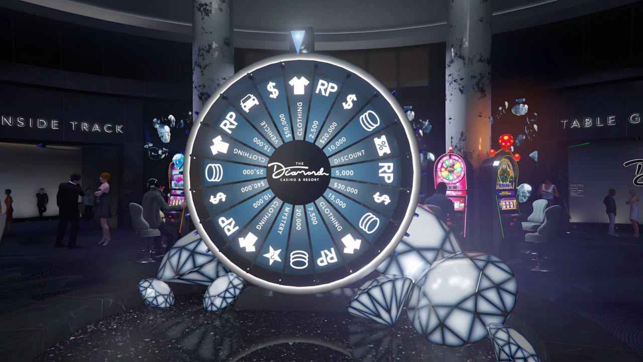 GTA Online Diamond Casino Lucky Wheel and podium car rewards in high-resolution gaming graphics.