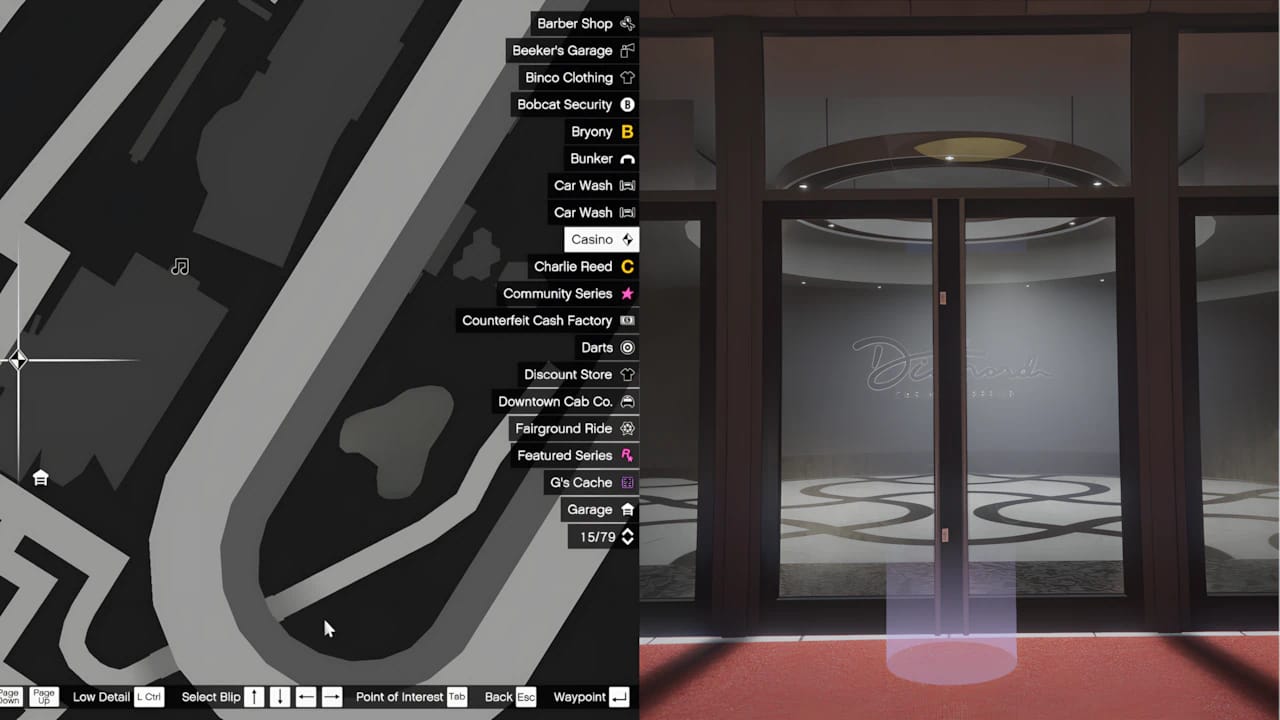 GTA Online map showing the Diamond Casino & Resort location with a yellow GPS waypoint marker in Los Santos.