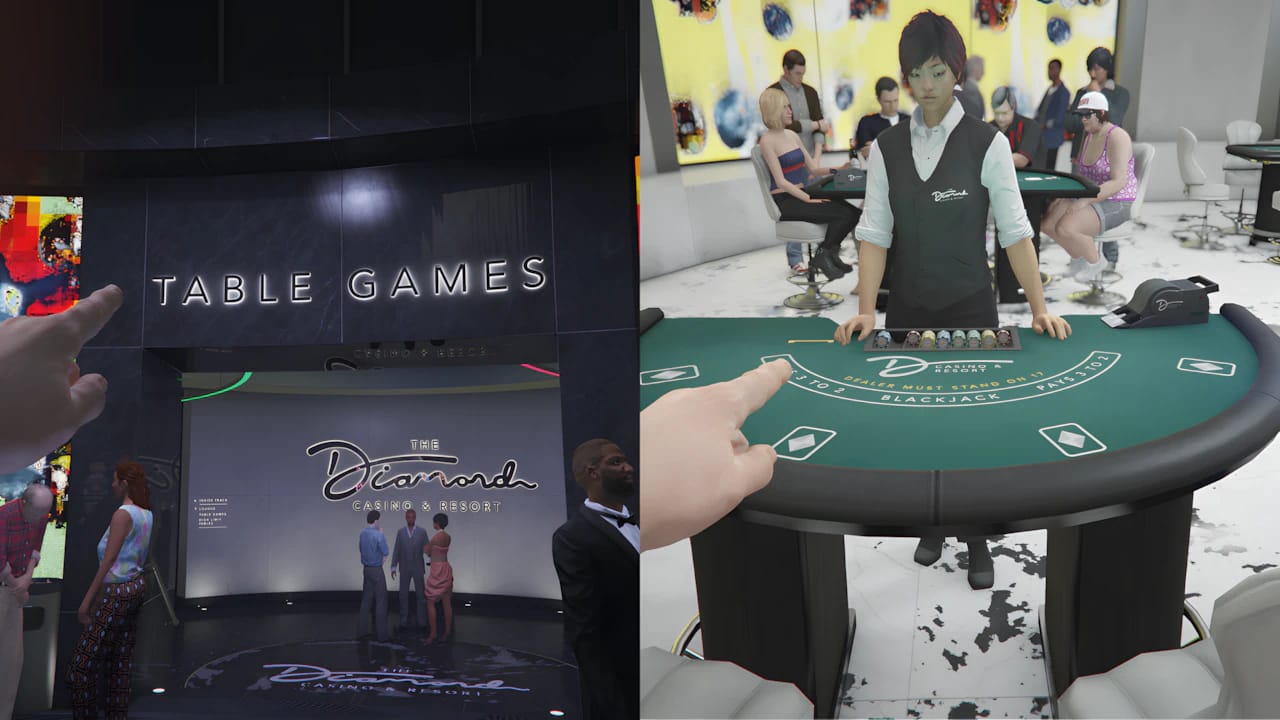 GTA Online Diamond Casino table games area featuring high-end textures and dynamic lighting in 4K resolution.