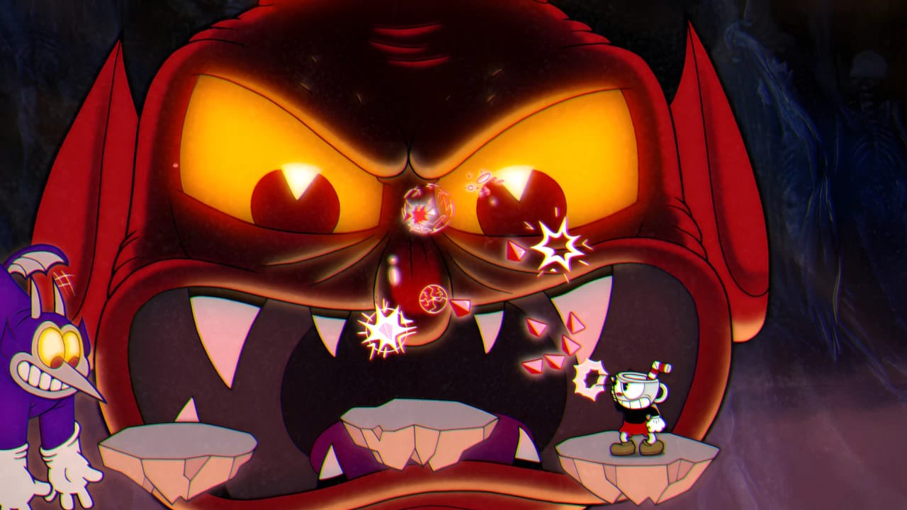 Cuphead gameplay featuring the final boss fight against The Devil with high-speed projectile mechanics and 2D animation.