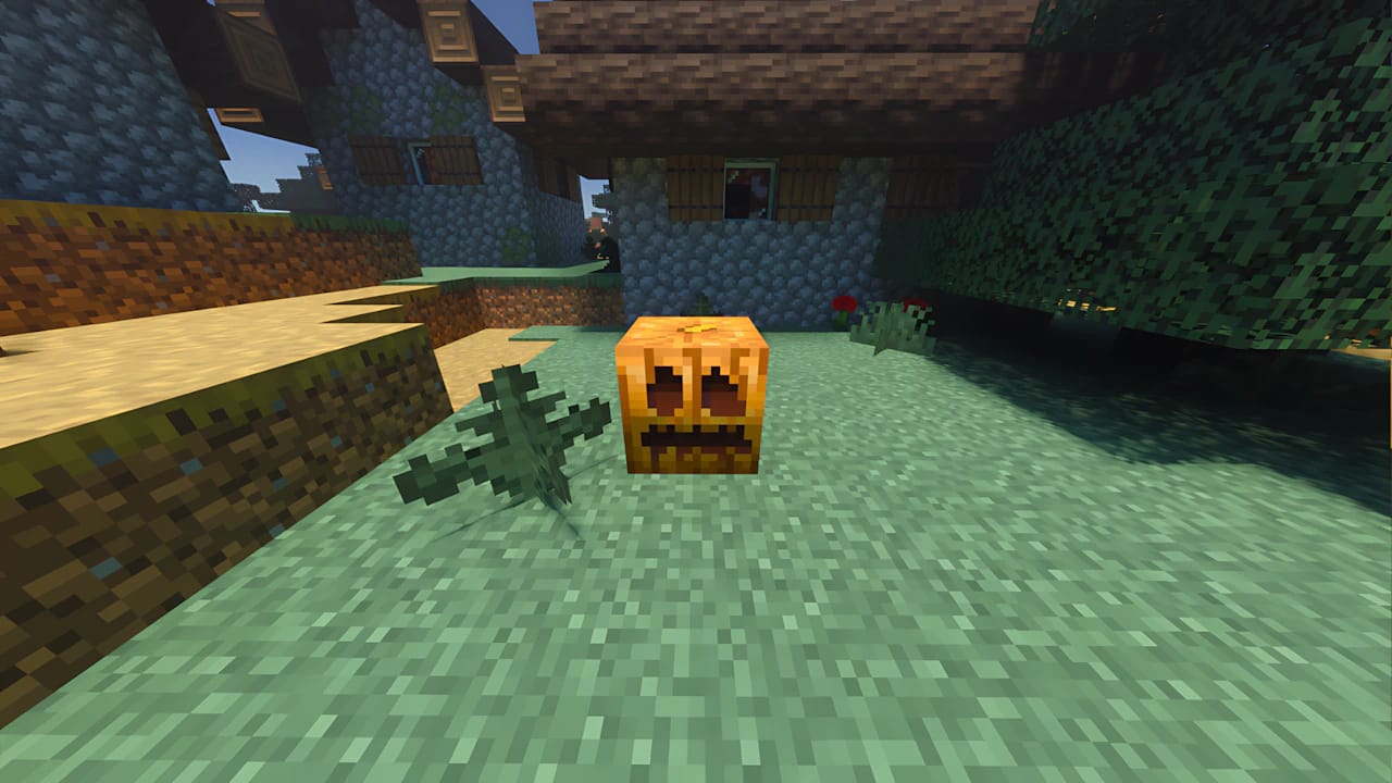 Minecraft Copper Golem assembly featuring oxidized copper blocks, lightning rods, and carved pumpkins in-game.