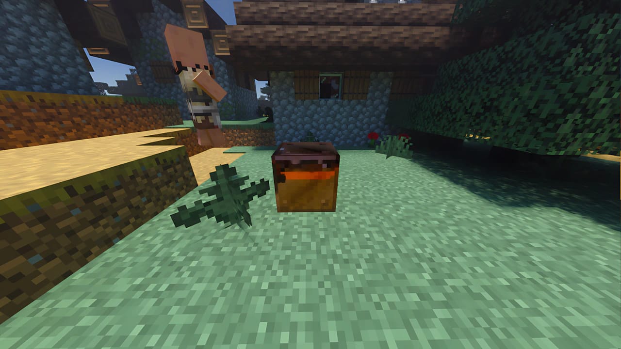 Minecraft copper block with lightning rod in a village, high-resolution voxel graphics for crafting a copper golem.