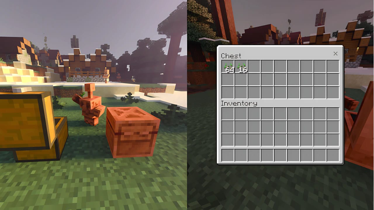 Minecraft Copper Golem mod inventory UI and Copper Chest storage interface gameplay screenshot for PC gaming.