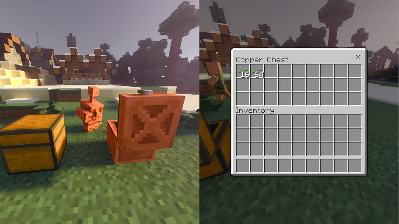 Minecraft Copper Golem and specialized copper chest inventory UI in a high-resolution modded gameplay environment.