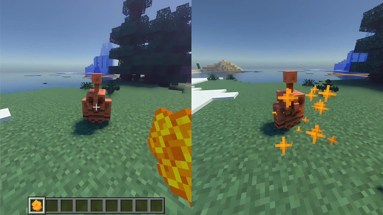 Minecraft Copper Golem split-screen gameplay showing mob variants and ray-traced lighting effects.