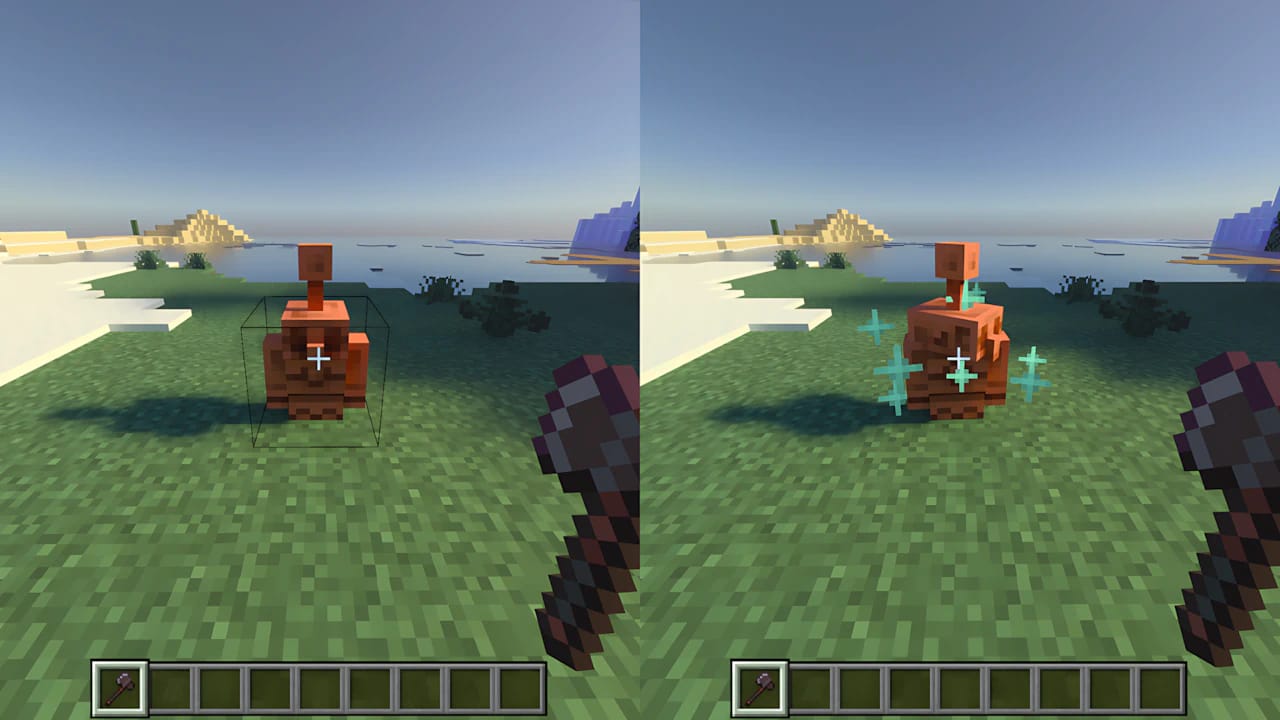 Guide to building a Minecraft Copper Golem showing block placement and the spawned mob entity with oxidized textures.