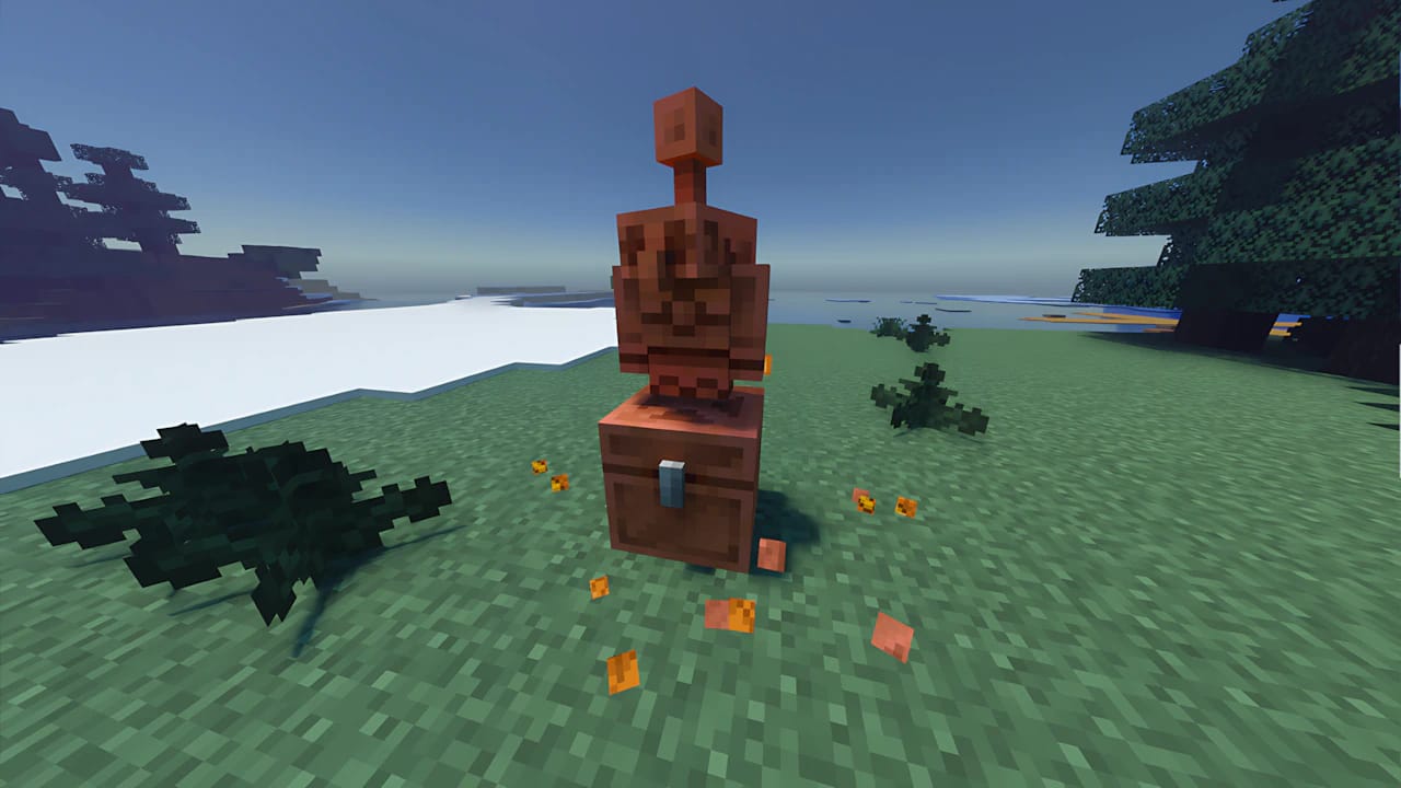 Minecraft Copper Golem statue rendered with high-definition textures and ray-traced lighting on a weathered copper chest.