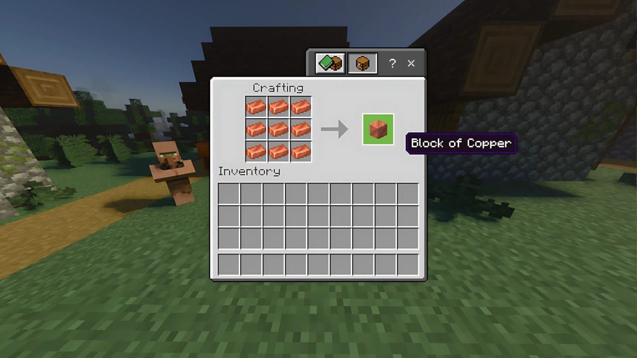 Minecraft crafting recipe UI showing two Copper Blocks and a Lightning Rod to create a Copper Golem mob.