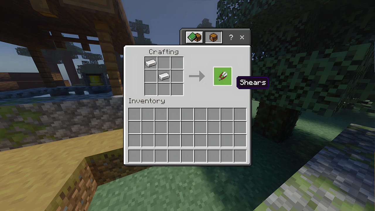 Minecraft Copper Golem guide showing Shears crafting recipe with iron ingots in the 3x3 grid GUI.