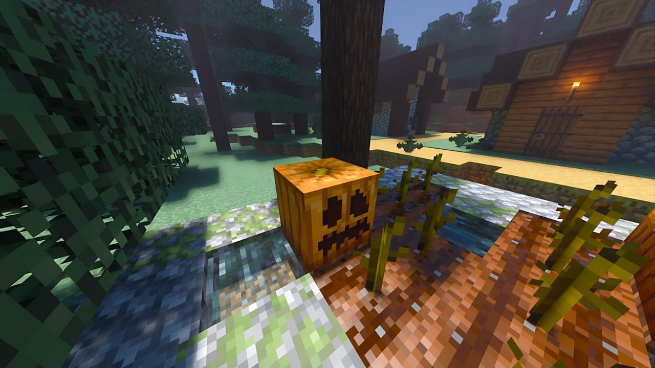 Minecraft Copper Golem standing by an automated Jack O' Lantern farm with Redstone components and copper blocks.