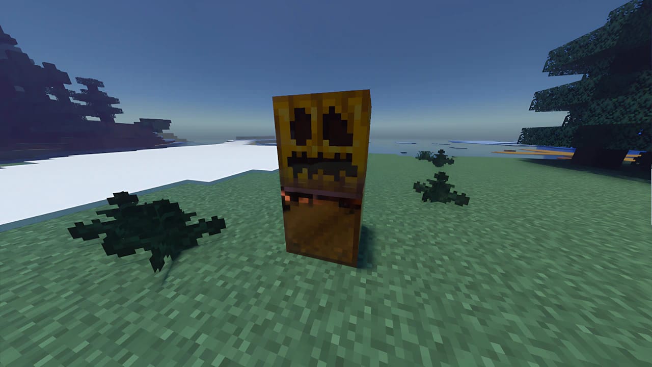 Minecraft Copper Golem creation using Jack o' Lantern on a copper block in a high-resolution snowy biome environment.