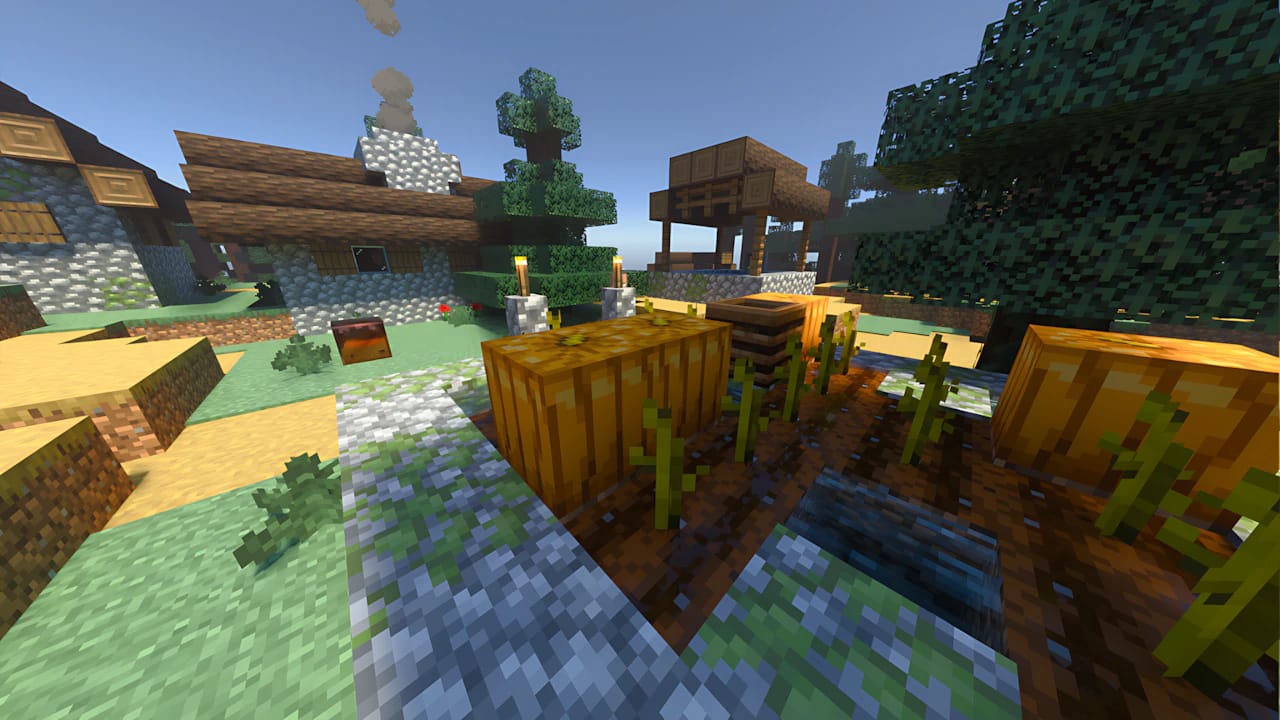 Minecraft Copper Golem standing near a high-efficiency pumpkin farm and stone village well with voxel textures.