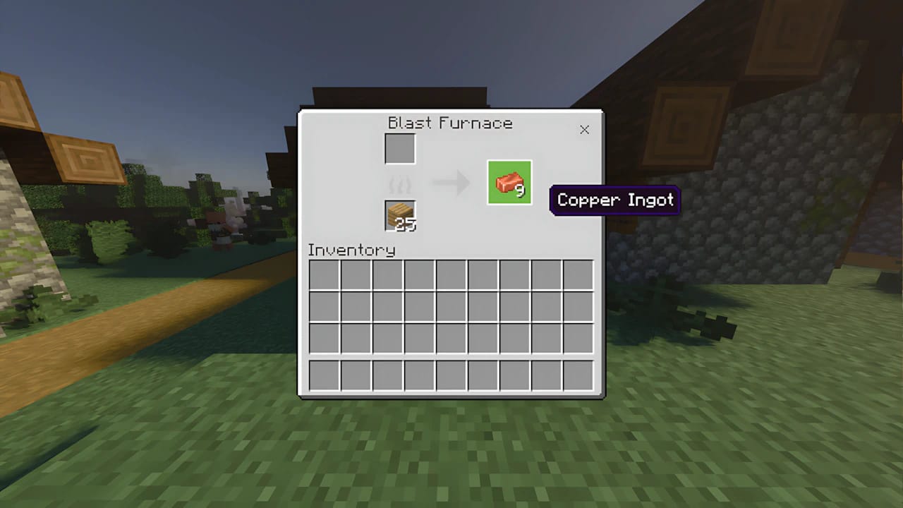 Minecraft Blast Furnace UI smelting raw copper into copper ingots for Copper Golem crafting on a high-performance PC.