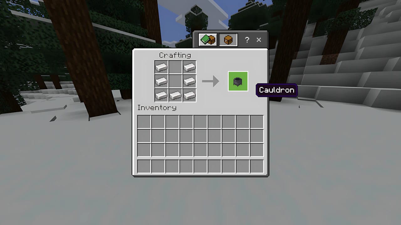 Minecraft crafting recipe for a Cauldron using seven Iron Ingots in the 3x3 crafting table grid GUI.