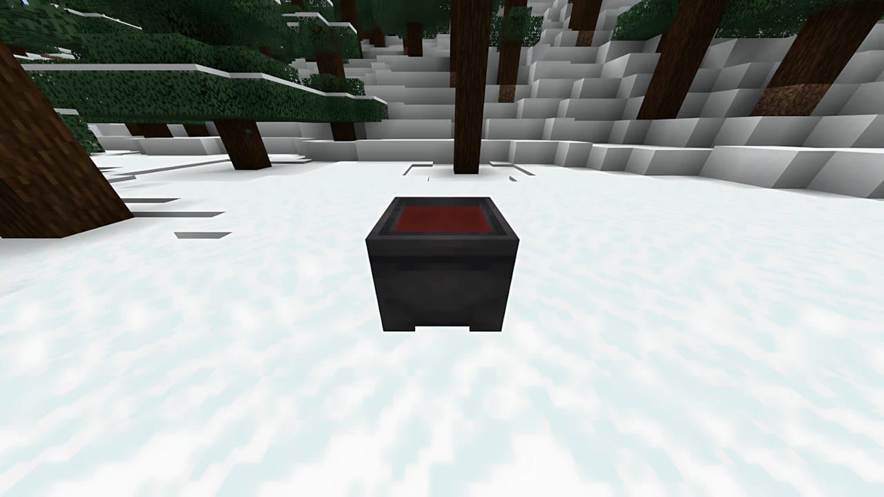 Minecraft leather armor dyeing guide featuring a cauldron filled with red dye in a voxel sandbox world.