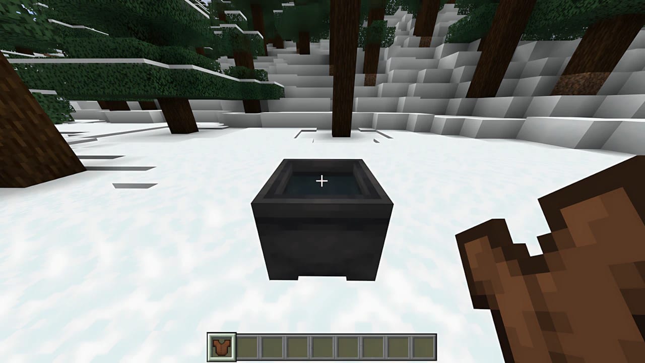 Minecraft gameplay guide showing the process of dyeing leather armor using a water cauldron in-game UI.