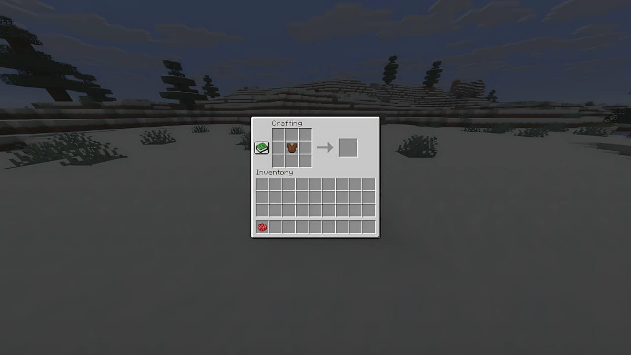 Minecraft crafting table interface showing the recipe to dye a leather tunic red for custom character armor.