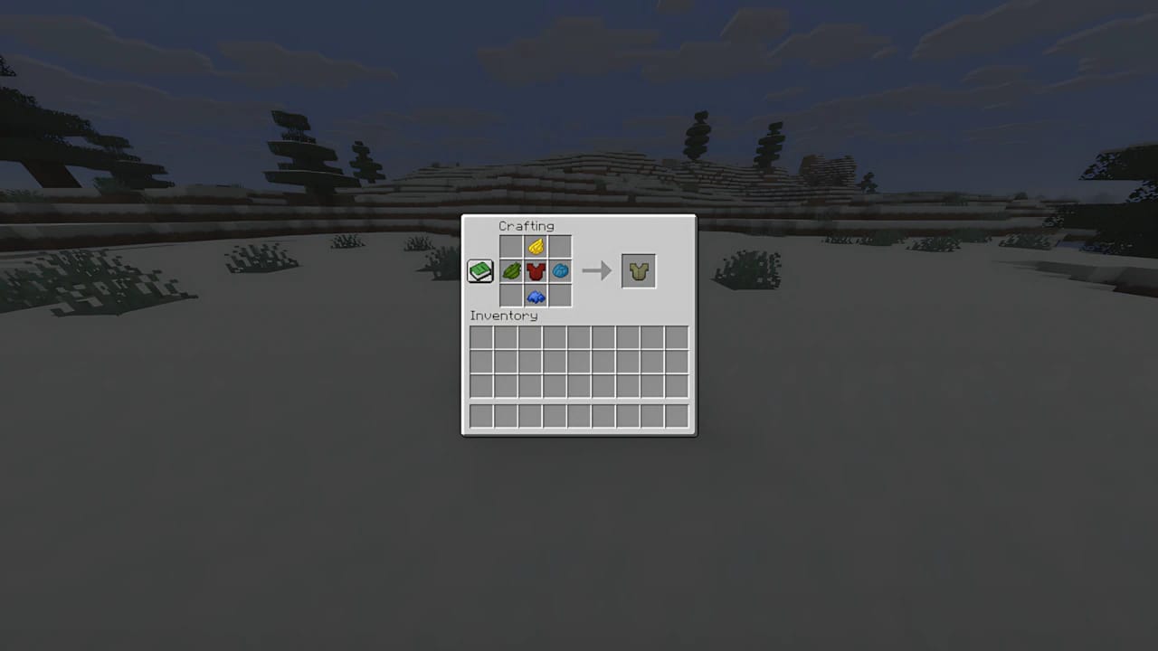 Dyeing leather armor in Minecraft: crafting recipe showing mixed purple and blue dyes with leather tunic GUI.