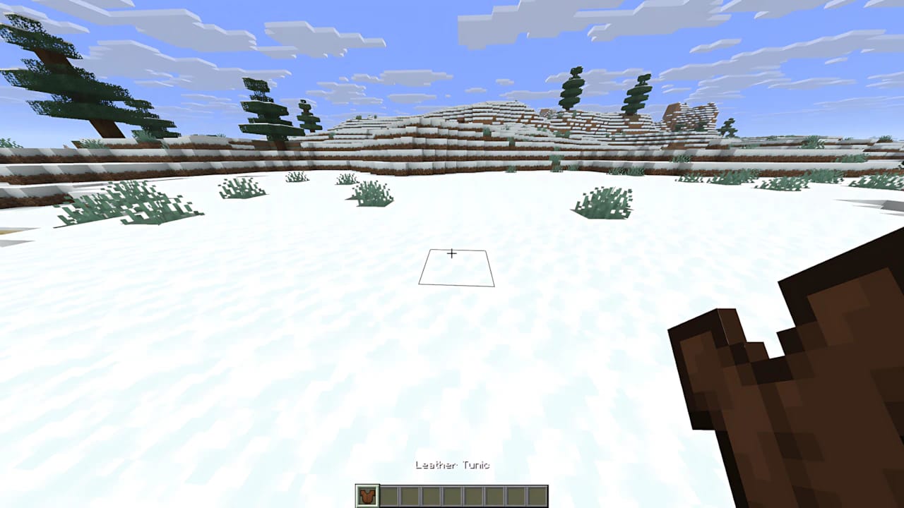 Minecraft player wearing a leather tunic in a snowy biome, showcasing armor dyeing and 16-bit pixel-art textures.