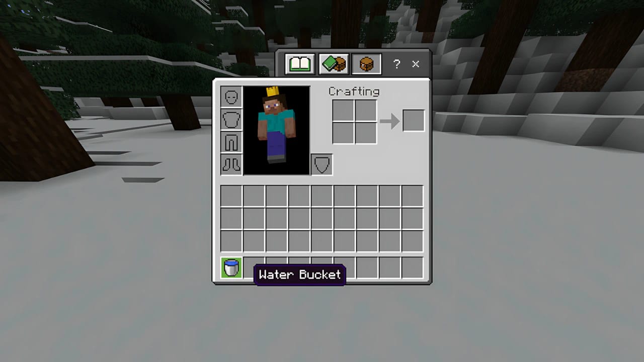 Minecraft player inventory screen showing leather armor and water bucket for gear customization tutorials.