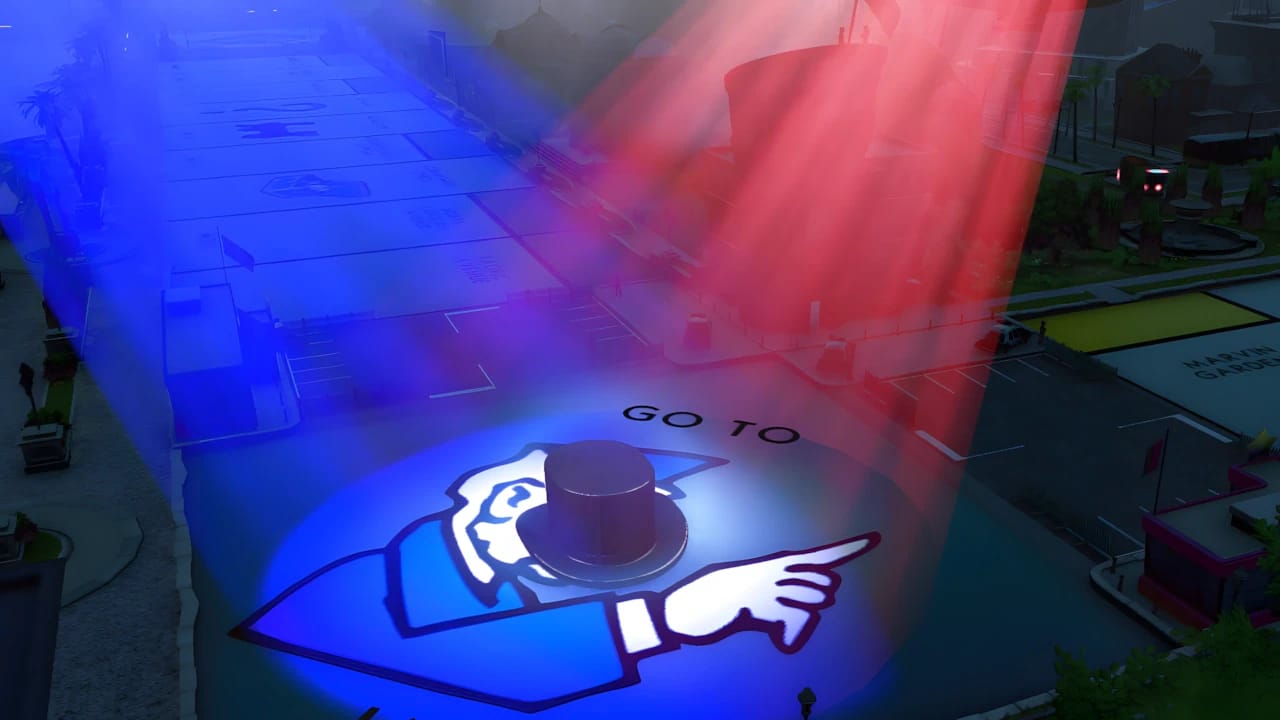 Monopoly Plus 3D gameplay render of Mr. Monopoly on the Go to Jail space with dynamic lighting effects.