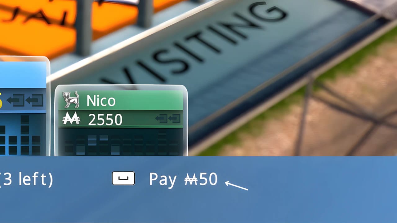 Monopoly Plus UI showing Get Out of Jail menu with Pay  option, player Nico's balance, and 3D game board graphics.