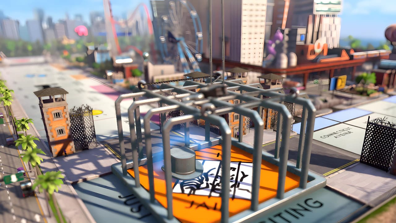 Monopoly Plus 3D jail space rendering with silver ship game piece inside a cage and neon city background.