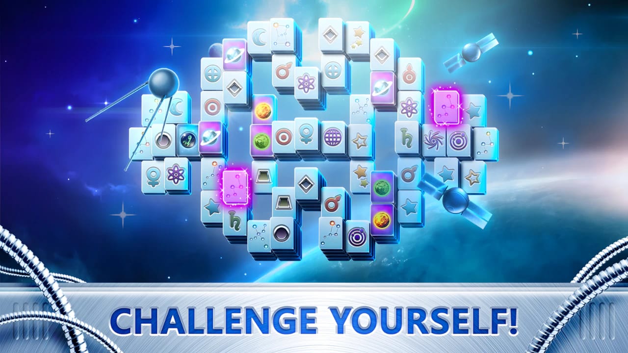 Cosmic Mahjong Challenge gameplay featuring high-definition tiles and space-themed UI on a high-performance display.