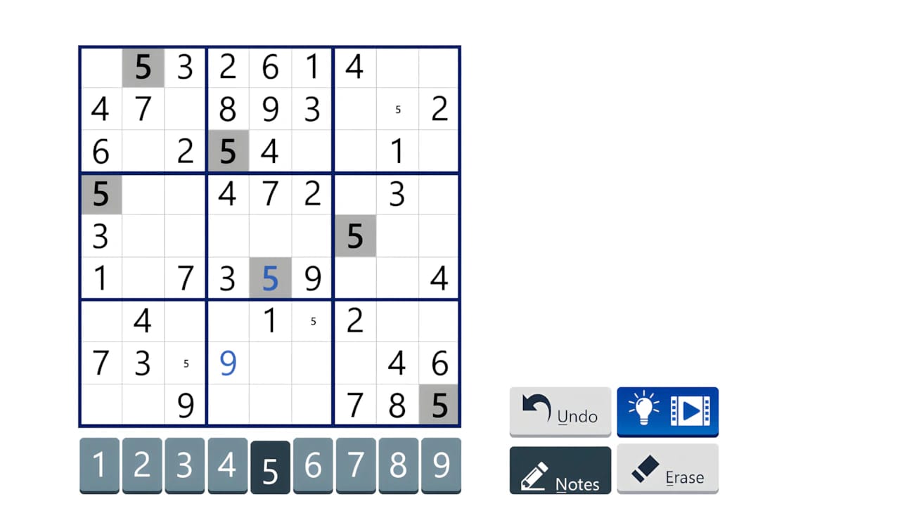 Digital Sudoku board progress featuring color-coded numerical inputs on a high-contrast dark mode gaming interface.