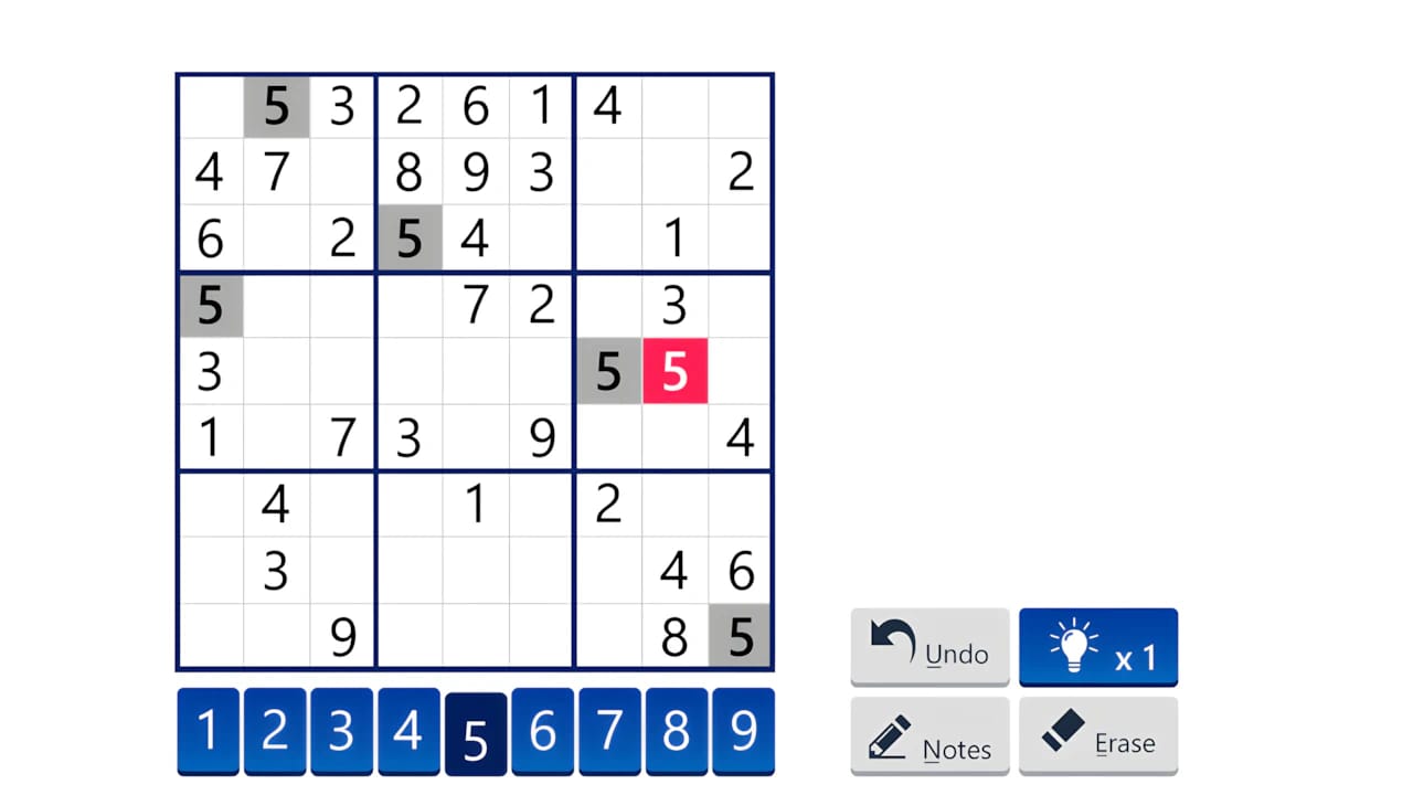 Solitaire Sudoku mobile game interface showing a logic error highlighted in red on a 9x9 digital puzzle grid.