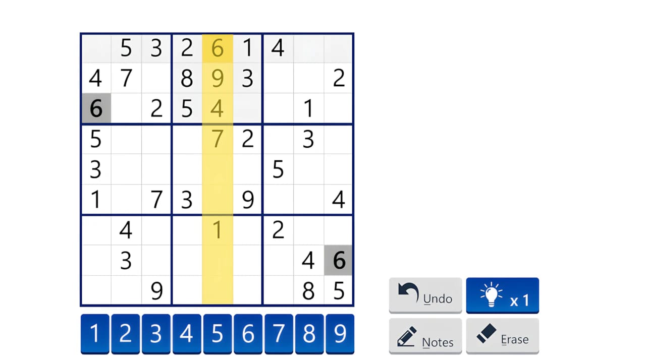Sudoku game strategy visualization highlighting a vertical column grid in a high-performance digital puzzle interface.