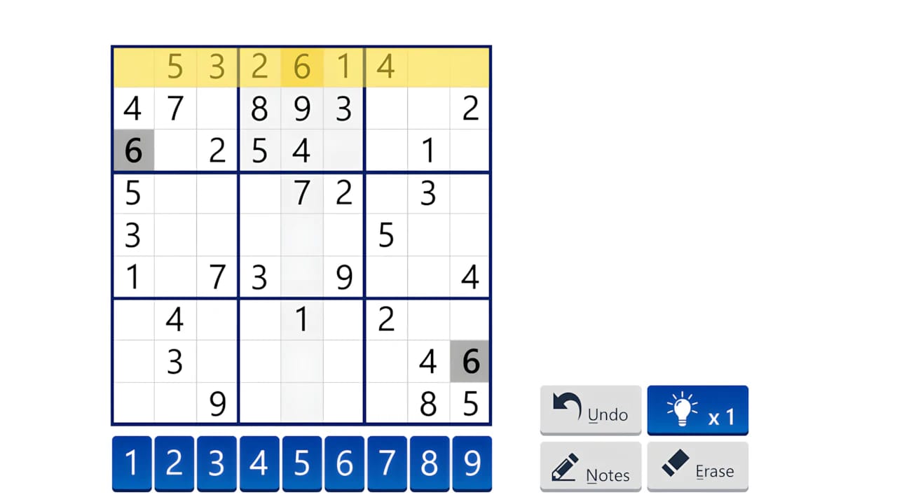 Sudoku game strategy row example showing logic puzzle UI for digital gaming performance on Games Catalogue.