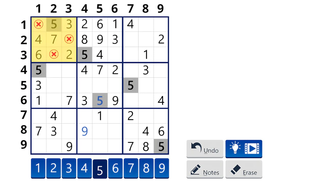 Solitaire Sudoku quadrant elimination logic on a digital gaming interface for advanced puzzle strategy.