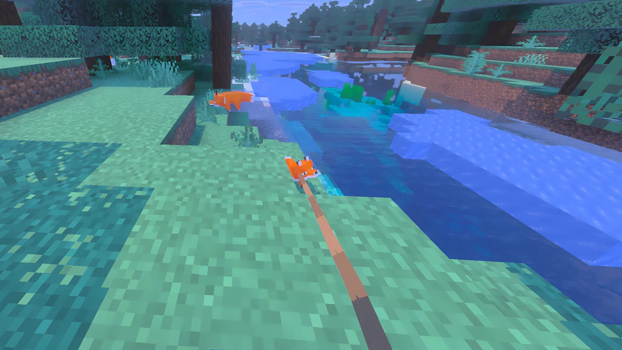 Minecraft gameplay showing a tamed fox on a lead standing on a frozen river ice biome in high-resolution voxel graphics.
