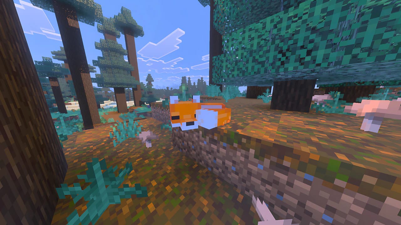 Sleeping Minecraft fox in a giant spruce taiga biome rendered with high-end ray tracing shaders in 4K resolution.