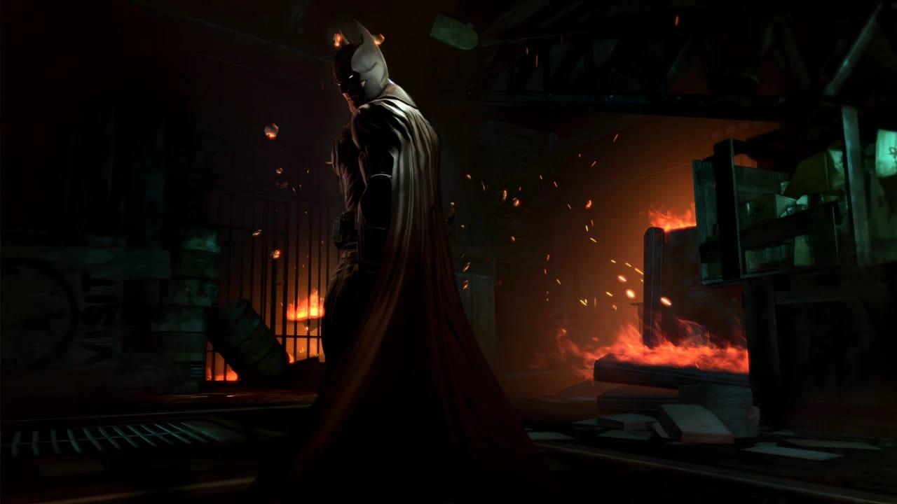 Batman in fiery hallway from Arkham Origins, featuring advanced ray-tracing, volumetric lighting, and 4K textures.