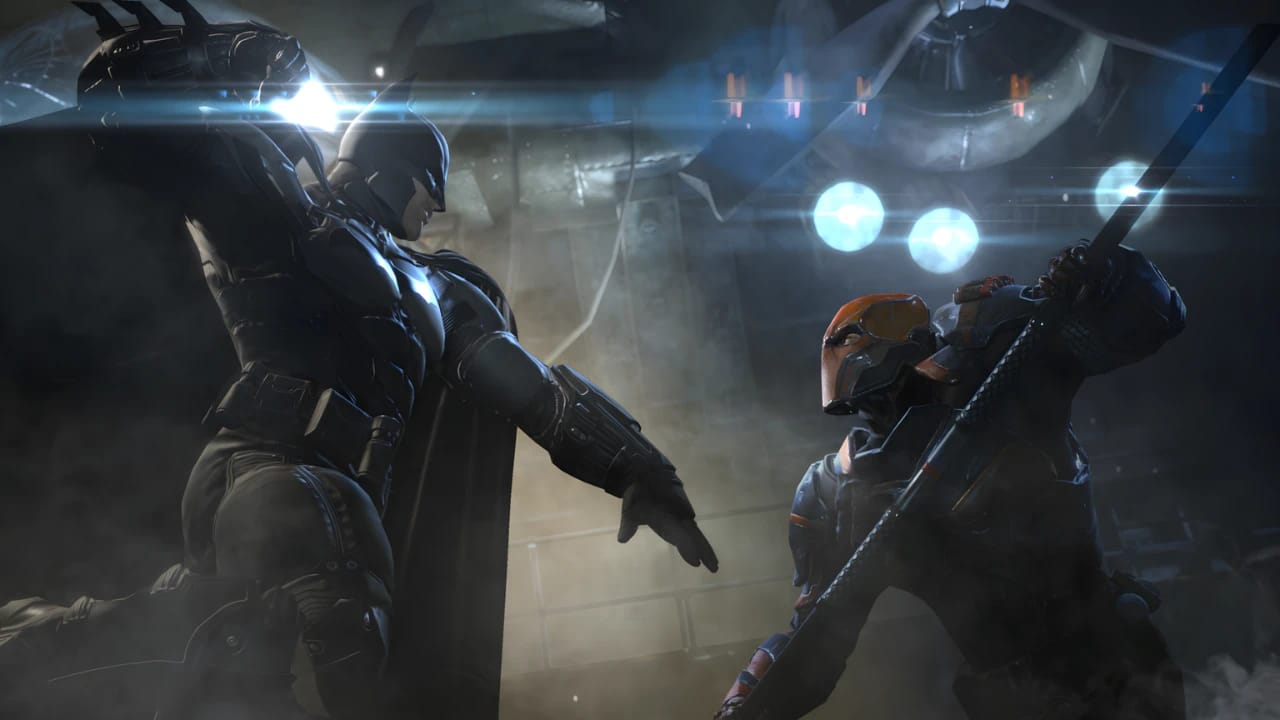 Batman Arkham Origins gameplay featuring Batman vs Deathstroke boss fight with high-detail textures and cinematic lighting.
