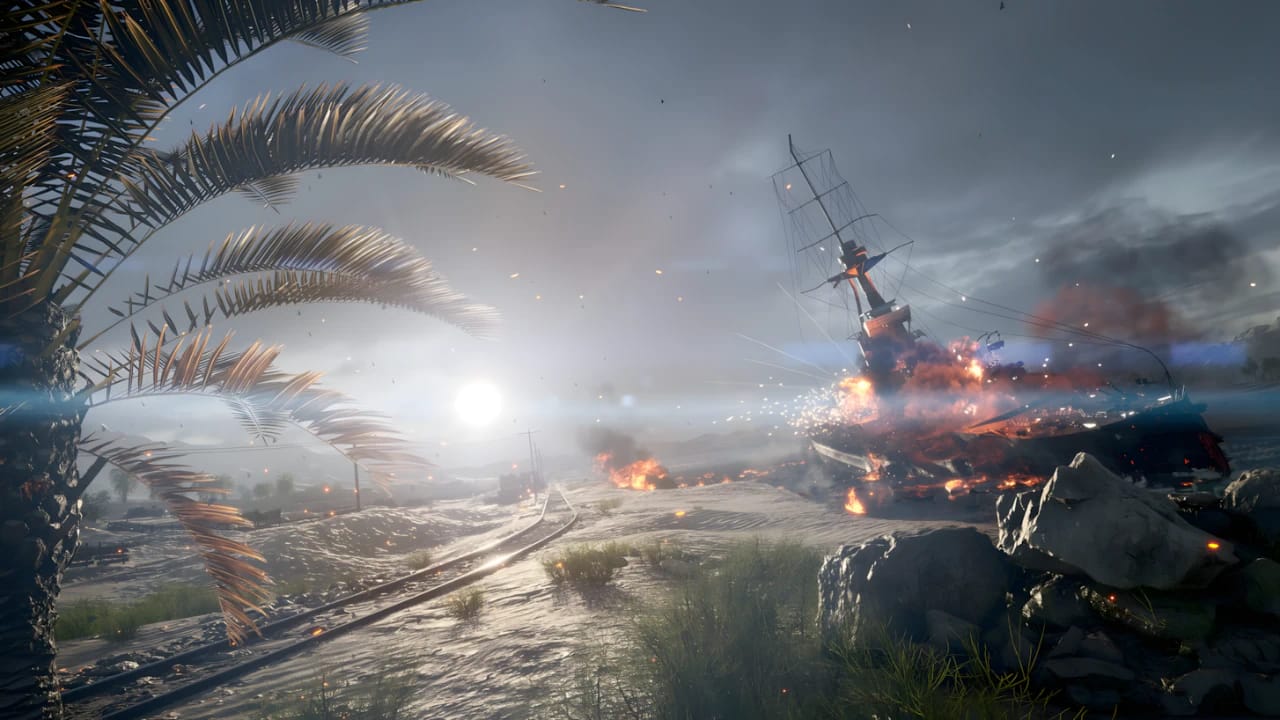 Battlefield 1 shipwreck on beach at 4K resolution showing Frostbite engine environmental destruction and textures.