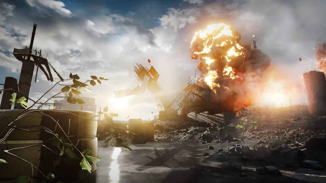 Battlefield 4 explosion and ruins showcasing Frostbite 3 engine physics, particle effects, and high-end gaming graphics.