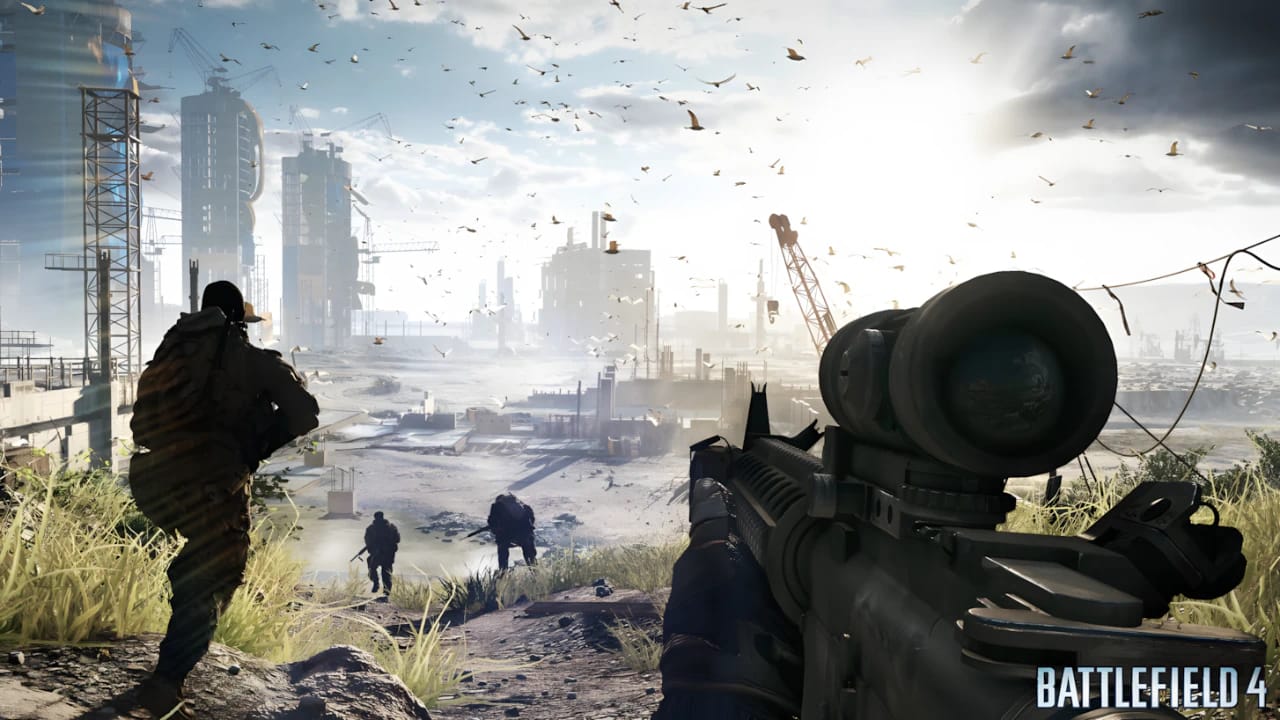 Battlefield 4 sniper overlooking urban cityscape, showcasing Frostbite 3 engine graphics and high-fidelity textures.