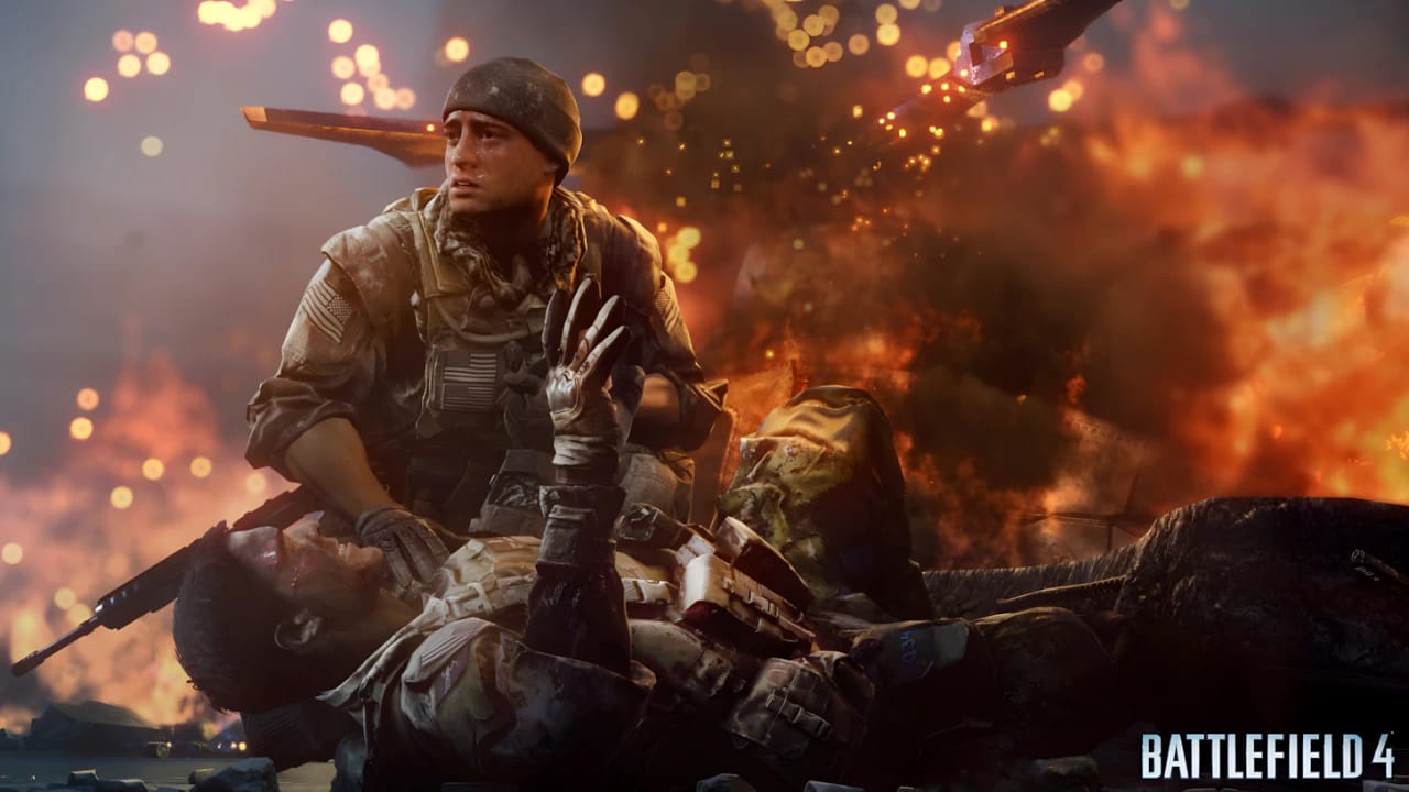 Battlefield 4 wounded soldier rescue gameplay featuring high-fidelity Frostbite 3 engine rendering on PC.
